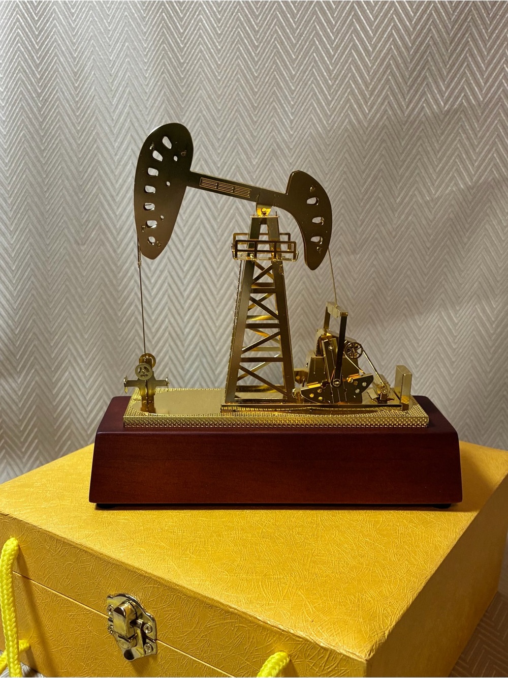 Brass Oil Pumpjack Sculpture on Wooden Base - with original box
